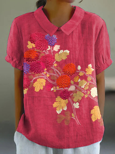 Women's Japanese Art Chrysanthemum Flower Print Short-sleeved Top