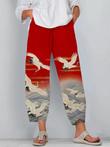 Japanese Crane Print Loose Casual Pants
