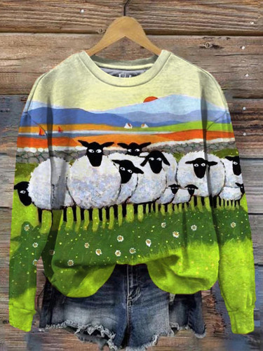 Sheep Print Crew Neck Casual Sweatshirt