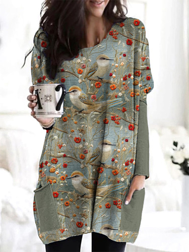 Birds & Flowers Embroidery Art Casual Cozy Long T-Shirt