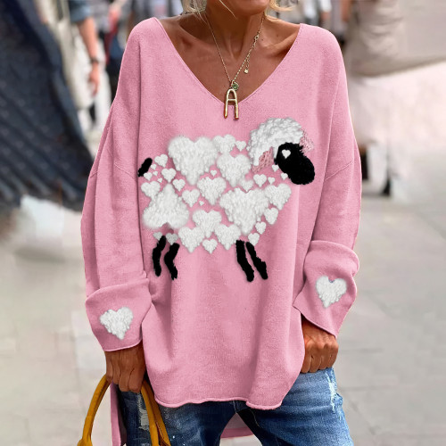 Love Graphic Sheep Valentine's Day Wool Felt Art Casual V-Neck Loose T-Shirt