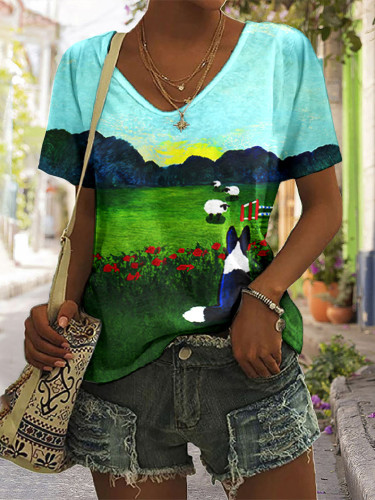 Border Collie & Sheep Art Graphic T-Shirt