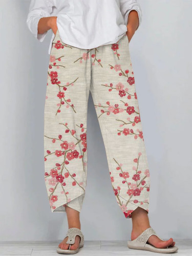 Japanese Plum Blossom Print Loose Casual Pants