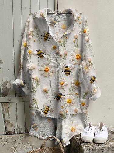 Daisy Bee Embroidery Art Print Casual Shirt