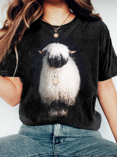 Cute Valais Blacknose Sheep Pattern Vintage Washed T Shirt