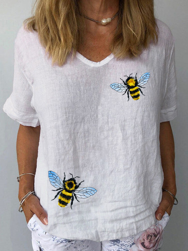 Fringed Bee Cute Honeybee Insect Embroidery Linen Casual Shirt
