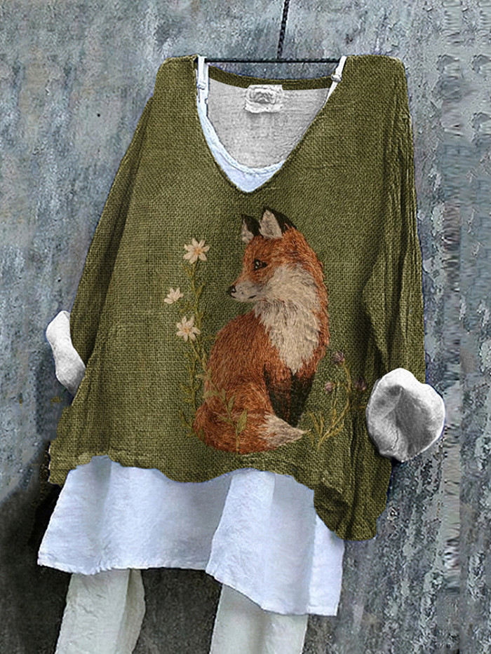 Vintage Farm Fox V Neck Linen Blend Shirt