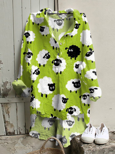 Sheep Print Lapel Casual Shirt