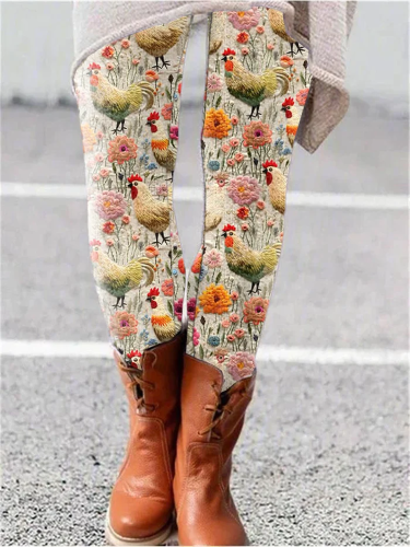 Women's Farm Chicken And Floral Print Leggings