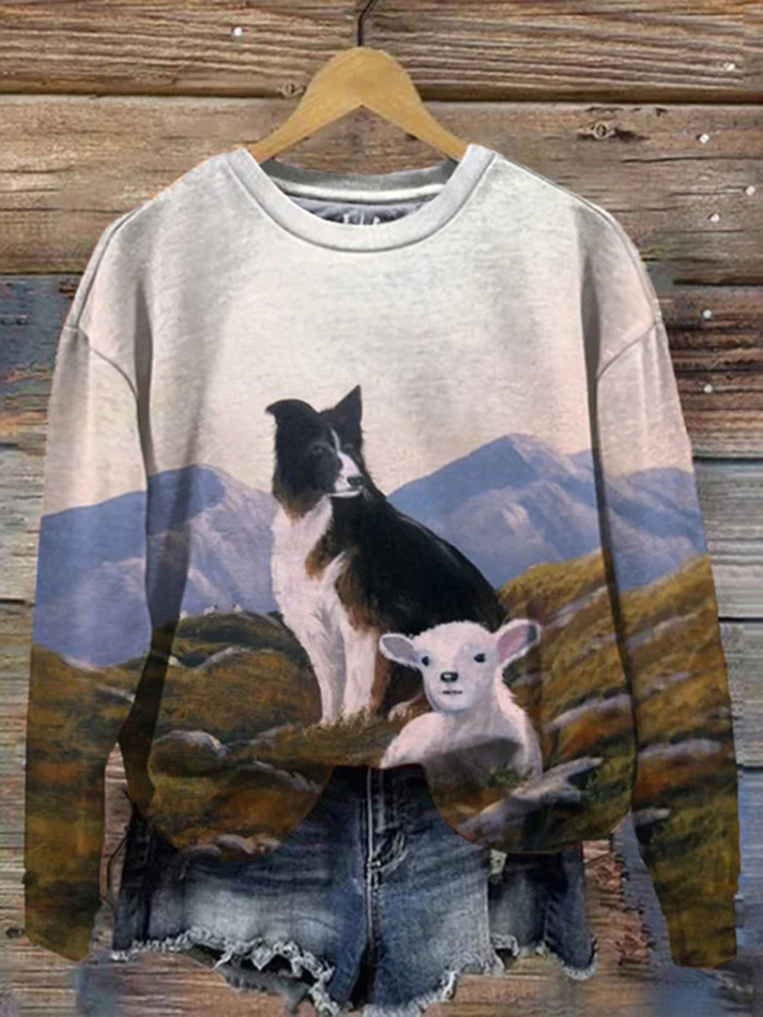 Women'S Collie And Sheep Print Casual Pullover