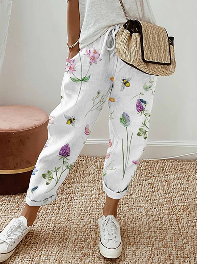 Bees Floral Print Elastic Drawstring High Rise Straight Leg Trousers