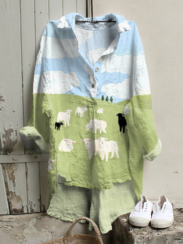 Vintage Sheep Farm Landscape Art Cozy Lapel Casual Shirt