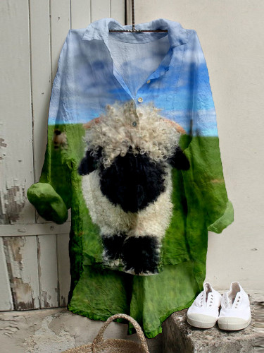 Cute Blacknose Sheep Pattern Linen Blend High Low Tunic