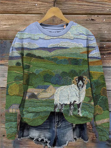 Field & Goat Pattern Crew Neck Sweatshirt