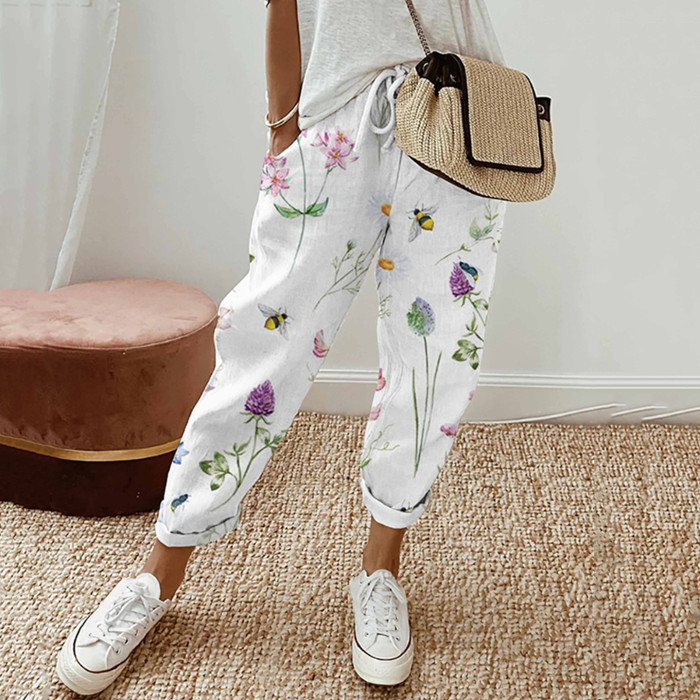 Bees Floral Print Elastic Drawstring High Rise Straight Leg Trousers