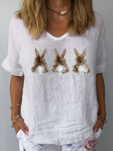 Fringed Triple Bunnies Embroidery Linen Casual Shirt