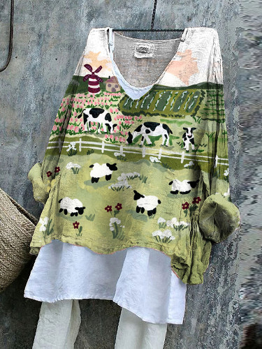 Vintage Sheep Farm Landscape Cozy Linen Blend Flowy Tunic