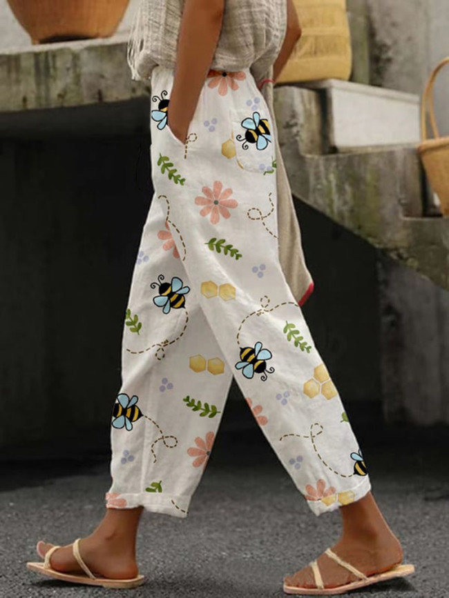 Bee Print Loose Casual Pants