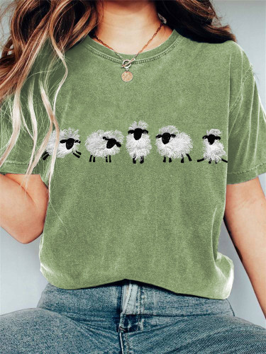 Fuzzy Sheep Fringed Embroidery Pattern Cozy T-Shirt