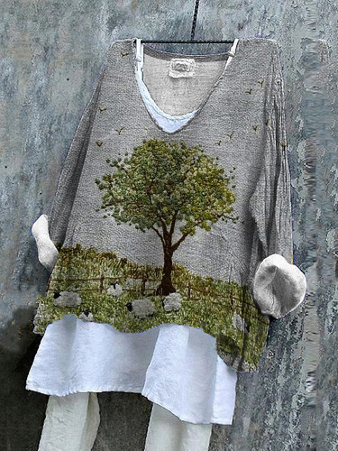 Vintage Farm Floral Sheep V Neck Linen Blend Shirt