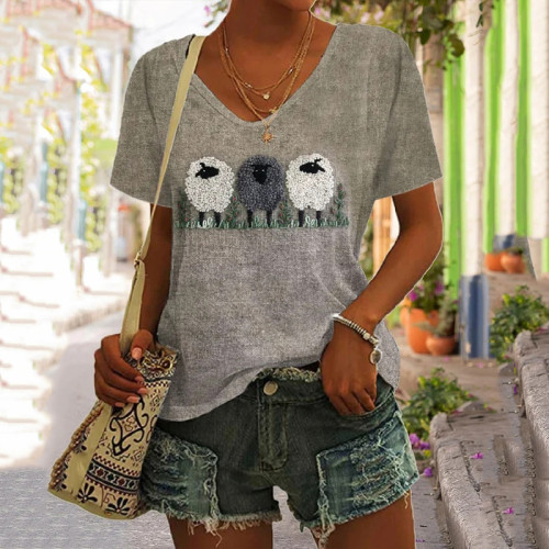 Women's Animal Sheep Comfort Print Comfort Short Sleeve T-Shirt