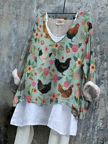 Women's Vintage Floral Chicken Pattern Cozy Linen Blend Tunic