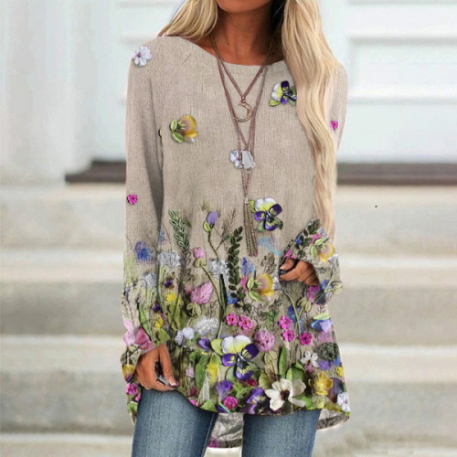 Floral Print Round Neck Casual Tunic