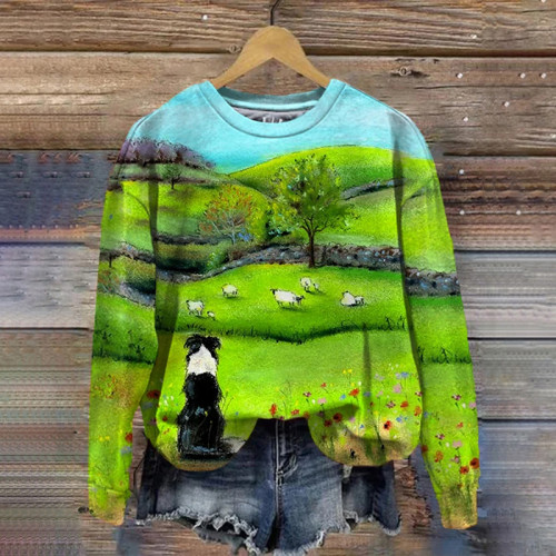 Women'S Collie And Sheep Print Casual Sweatshirt