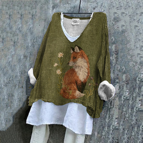 Vintage Farm Fox V Neck Linen Blend Shirt