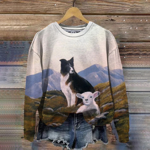 Women'S Collie And Sheep Print Casual Pullover