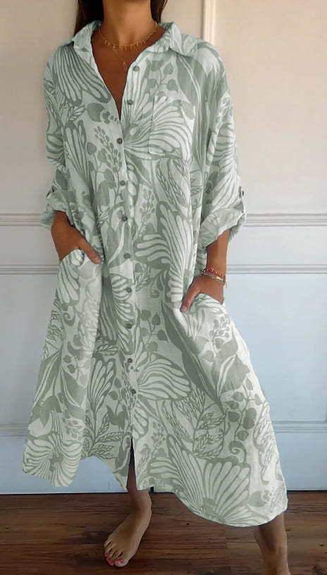 Women's Cotton and Linen Printed Lapel Loose Dress