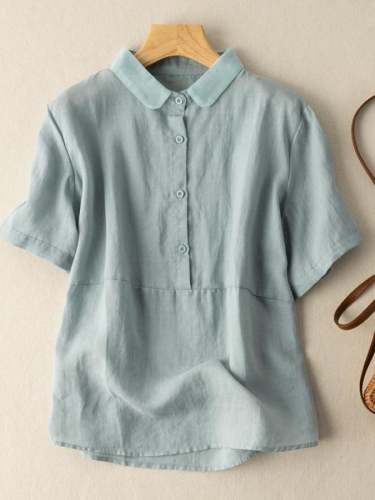 Women's Solid Color Cotton And Linen Lapel Short Sleeved Casual Blouse