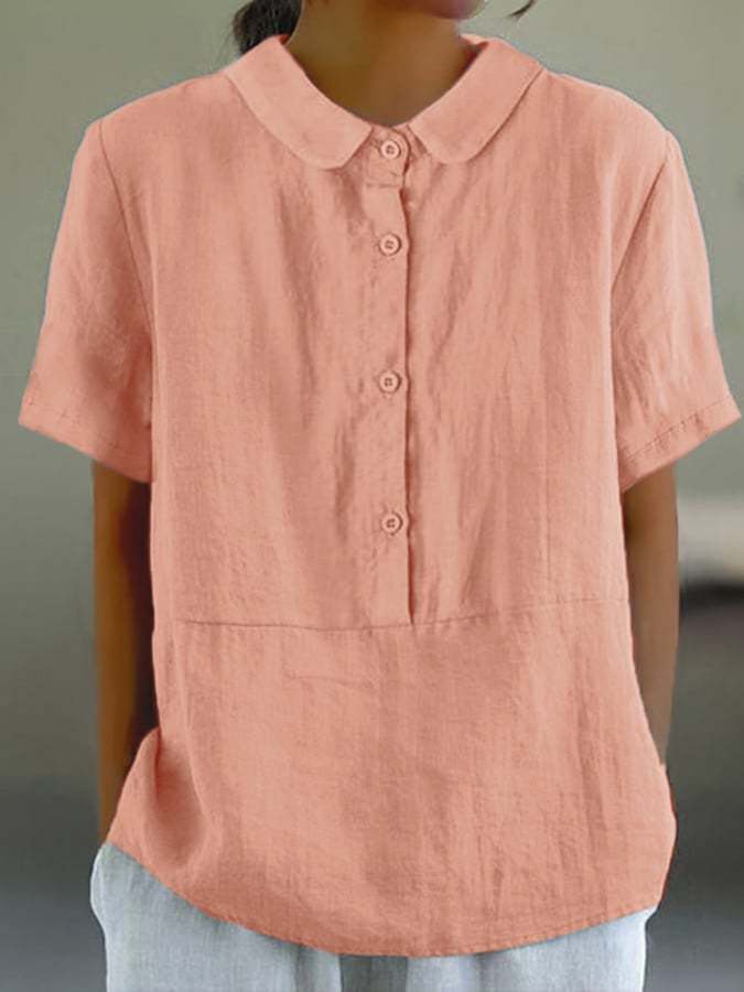 Women's Solid Color Cotton And Linen Lapel Short Sleeved Casual Blouse