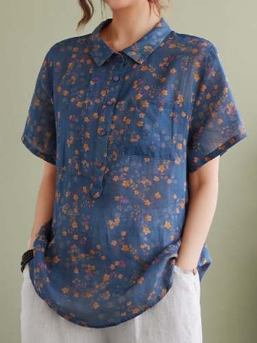 Women's Retro Artistic Floral Lapel Short-Sleeved Casual Cotton And Linen Shirt