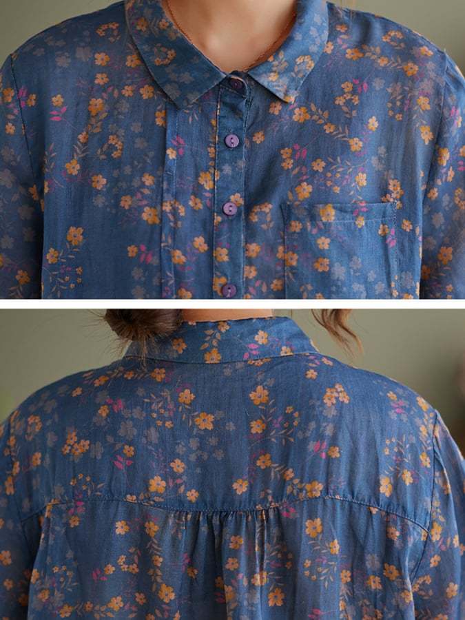 Women's Retro Artistic Floral Lapel Short-Sleeved Casual Cotton And Linen Shirt