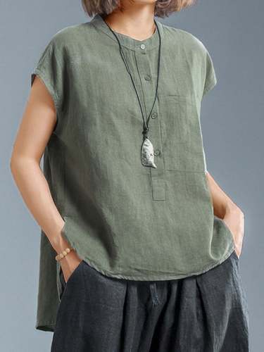 Ladies Casual Sleeveless Shirt With Stand Collar Button Design