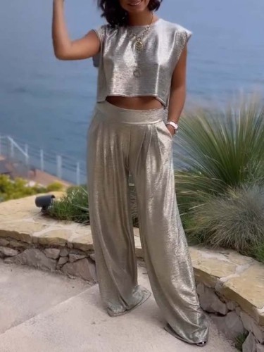 Women's Casual Glossy Vest and Wide Leg Pants Two-piece Set