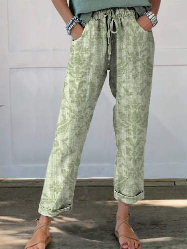 Women's Vintage Ethnic Texture Floral Printed Cotton And Linen Casual Pants