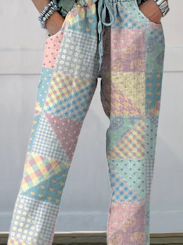 Countryside Multicolor Patchwork Pattern Printed Women's Cotton And Linen Casual Pants