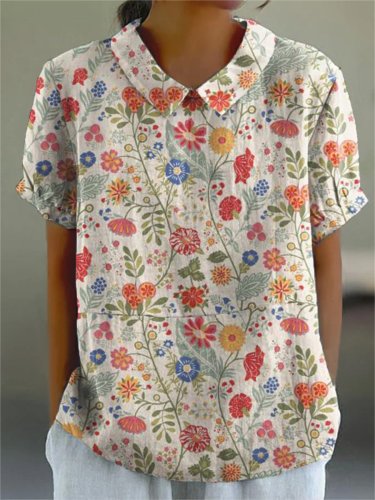 Women's  Pastoral Floral Art Print Casual Cotton And Linen Shirt