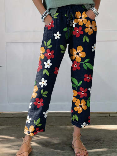 Women's Flower Printed Cotton And Linen Casual Pants