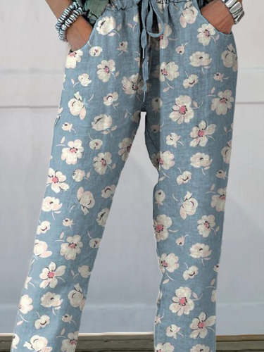 Ditsy White Floral Repeat Pattern Printed Women's Cotton And Linen Casual Pants