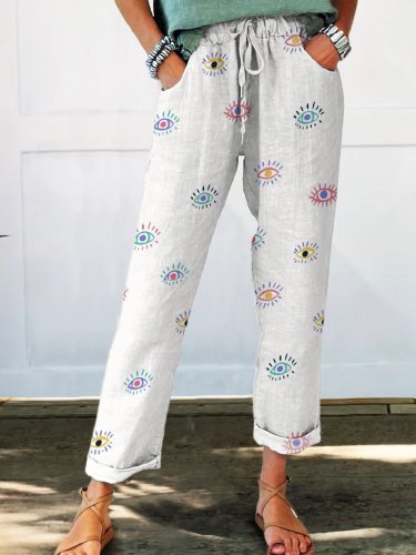 Women's Eye Art Printed Cotton And Linen Casual Pants