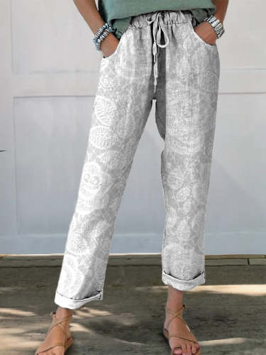 Women's Vintage Floral Printed Cotton And Linen Casual Pants