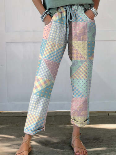 Countryside Multicolor Patchwork Pattern Printed Women's Cotton And Linen Casual Pants