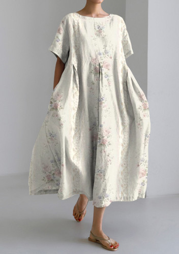 Retro Chic Floral Print Short Sleeve Loose Midi Dress