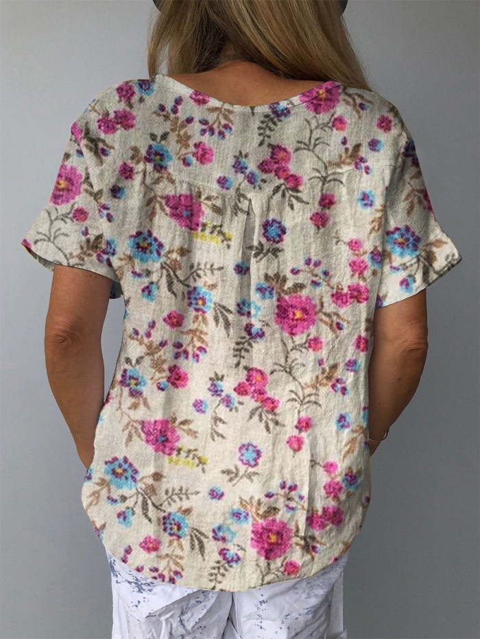 Women's   Floral Art Print Casual Cotton And Linen Shirt