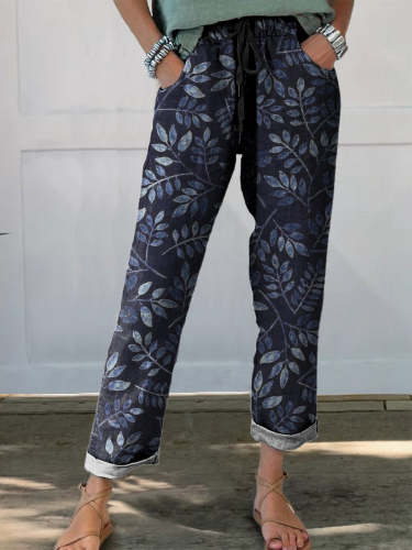 Women's Vintage Leaves Floral Printed Cotton And Linen Casual Pants