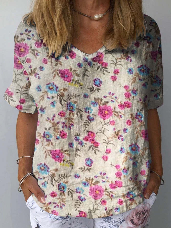 Women's   Floral Art Print Casual Cotton And Linen Shirt