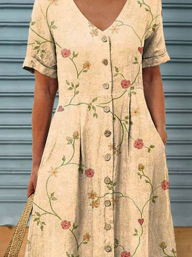Women's Vintage Elegant Floral Art Pattern Print Casual Linen Pocket Tunic Dress